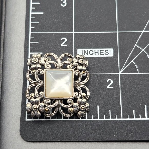 VTG 925A Sterling Silver MOP Brooch 1.25" Floral Cutouts Art Nouveau 11.41g - Picture 6 of 8